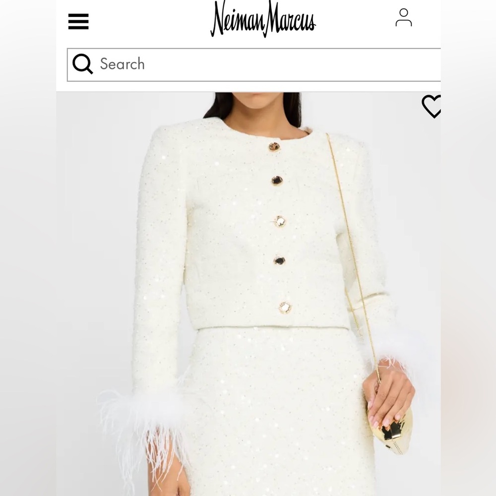 Milly White Beaded Tweed Blazer with Feather Cuffs
